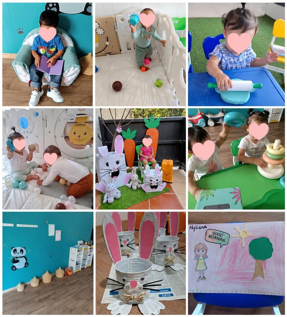 Neuf moments à la crèche : lecture, pâte à modeler, jeux, bricolage de Pâques, dessin
